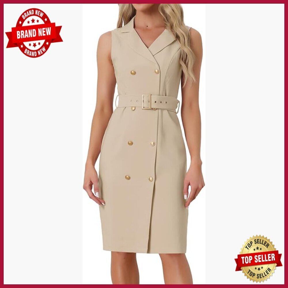 Sleeveless Blazer Dress Notch V Neck Belt Waist Office Formal Work Dress